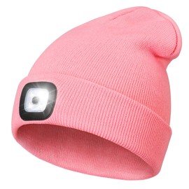 YunTuo LED Beanie with Light,Unisex USB Rechargeable Hands Free 4 LED Headlamp Cap Winter Knitted Night Lighted Hat Flashlight Women Men Gifts for Dad Him Husband (Pink)