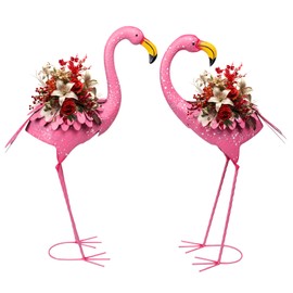 Chonsun Set of 2 Pink Metal Standing Flamingo Planters with Drain Hole Flamingo Flower Holder for Indoor Outdoor Lawn Garden Decor