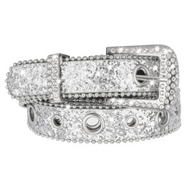 Mealah Glitter-Rhinestone-Western-Cowboy Belt for Women-Bling-Studded Belts With Silver Buckle for Jeans Fit for 27"-39"