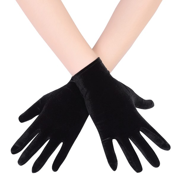 EORUBE Short Opera Velvet Gloves for Women 1920s Flapper Stretchy Wrist Length Banquet Gloves Tea Party Halloween Costume Gloves (Black)