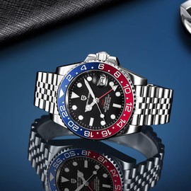 Pagani Design Men's GMT 100 Meter Water Resistant Ceramic Bezel Sapphire Glass Luminous Hands Wrist Watch (Jubilee-Blue Red)