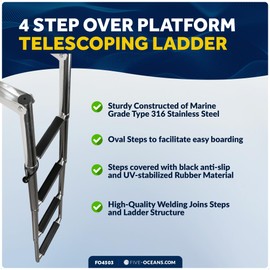 Five Oceans 4 Step Telescoping Boat Ladder - Over Platform, Stainless Steel for Pontoon, Fishing, Bass, Sport, Sailboat - FO4503