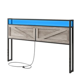 Halitaa Full Bed Frame Headboard, Platform Bed with Storage & LED Light, Headboard with 2 Outlets USB and Type C Port, Farmhouse Bed, Attach Frame, Easy to Assembly, Wash Grey