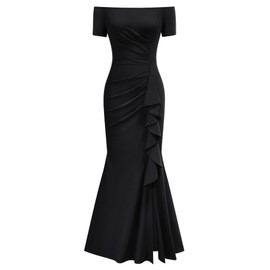 AISIZE Women's Elegant Off Shoulder Ruffle Formal Evening Long Dress Black