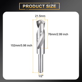 sourcing map 21.5mm Drill Bit 1/2" Reduced Shank Round 4241 High Speed Steel Uncoated (Bright) 118° Standard Point for Plastic Wood Copper Aluminum Iron Medium Soft Metal