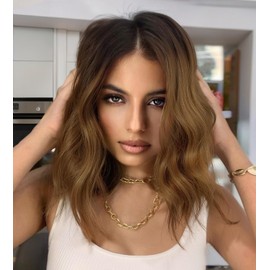 cuiud Short Brown Wig for Women Ombre Brown Wavy Wigs 14 Inch Middle Part Curly Wavy Wigs Midium Length Bob Curly Wig Synthetic Lace Front Natural Hairline Wigs for Daily Party Use