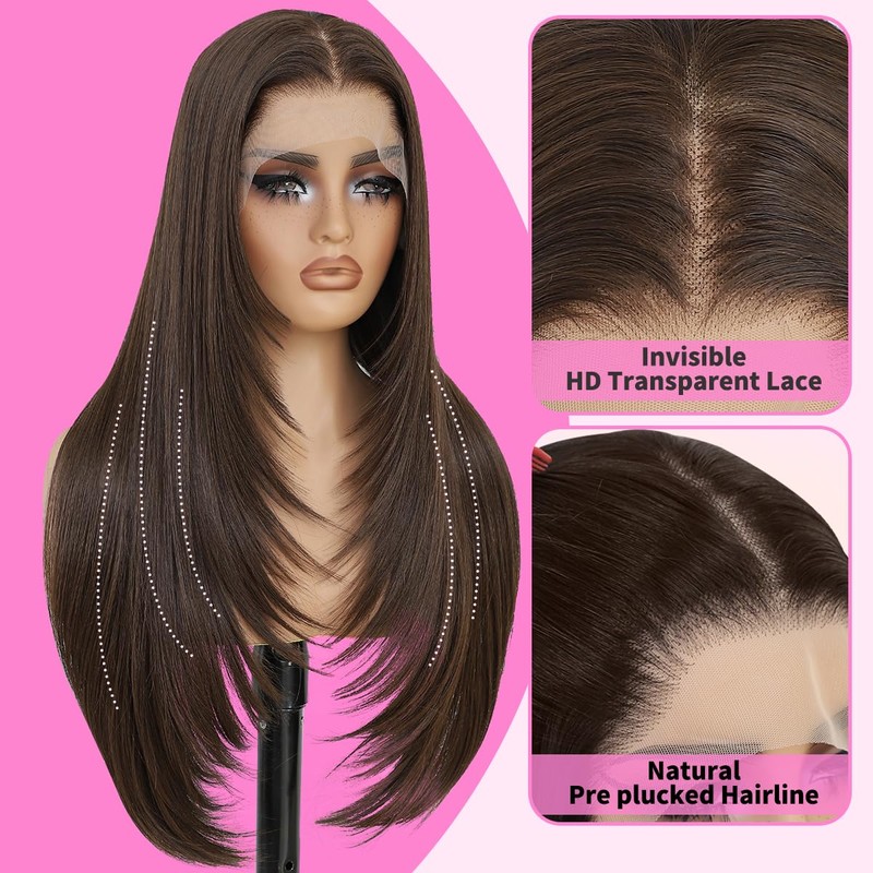 Synthetic 13x4 Lace Front Wigs Pre Plucked Chocolate Brown Straight