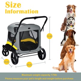 Dog Stroller for Large Dogs, One-Click Folding Large Pet Stroller for Medium Dog with One-Foot Brake for 2 Dogs, Up to 170 lbs (Yellow-Gray)