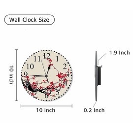 Red Cherry Blossom Wall Clock 10 Inch Battery Operated Artistic Plum Blossom Branch Ink Painting Clock Silent Non-Ticking Modern Clocks Decorative for Home Kitchen Living Room Bathroom Office
