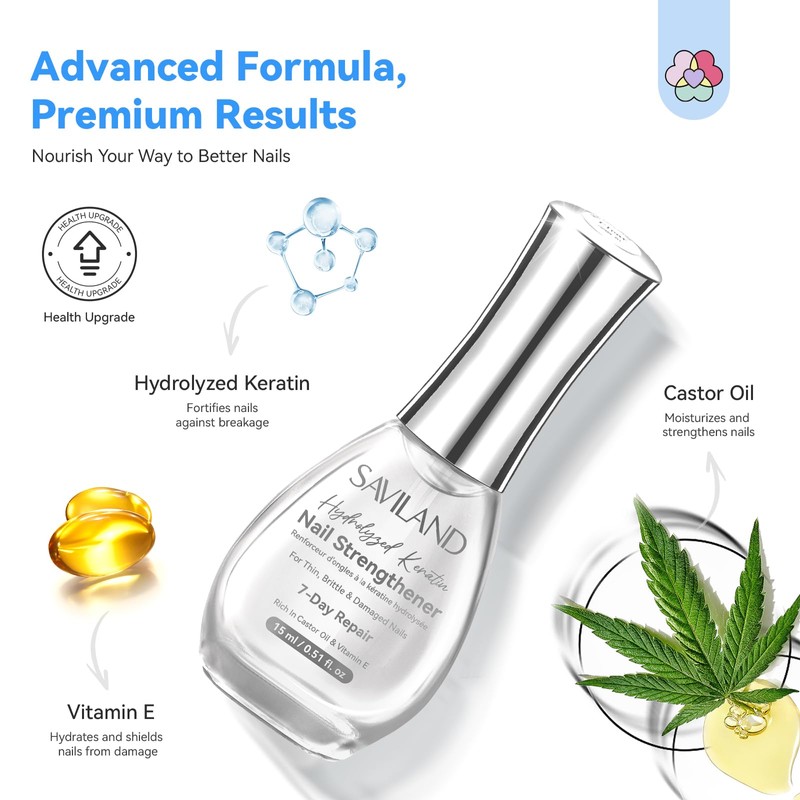 SAVILANDプロ ネイル ストレングスナー 7日間リペア：ジェルネイル 爪強化 ケラチン キャスターオイル VE クリアネイルポリッシュ ダメージを受けた爪、もろい爪、薄い爪の成長のためのネイルストレングスナー