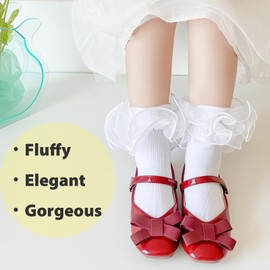 Mini angel Girls Ruffle Socks Frilly Double Lace Socks Cotton Turn Cuff Socks 4-6 Years Pageant Socks for Kids Little Girls 3 Pairs (White Set, M)