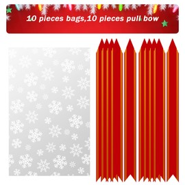 Kolewo4ever 20pcs Christmas Snowflake Cellophane Bags Pull Bow Set 10 pcs Christmas Basket Bags Wine Bottles Cellophane Wrap Perfect for Gift, Presents, with 10pcs Pull Bows (16 x 24 inches)