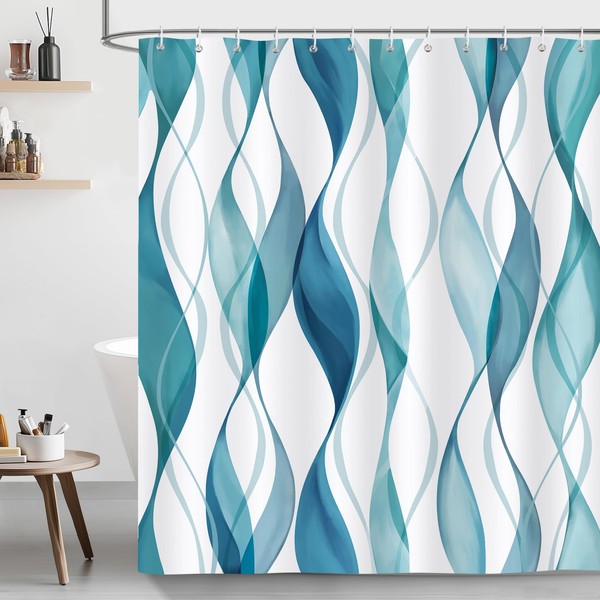 Bonhause Blue and Teal Striped Shower Curtain, Abstract Wavy Line