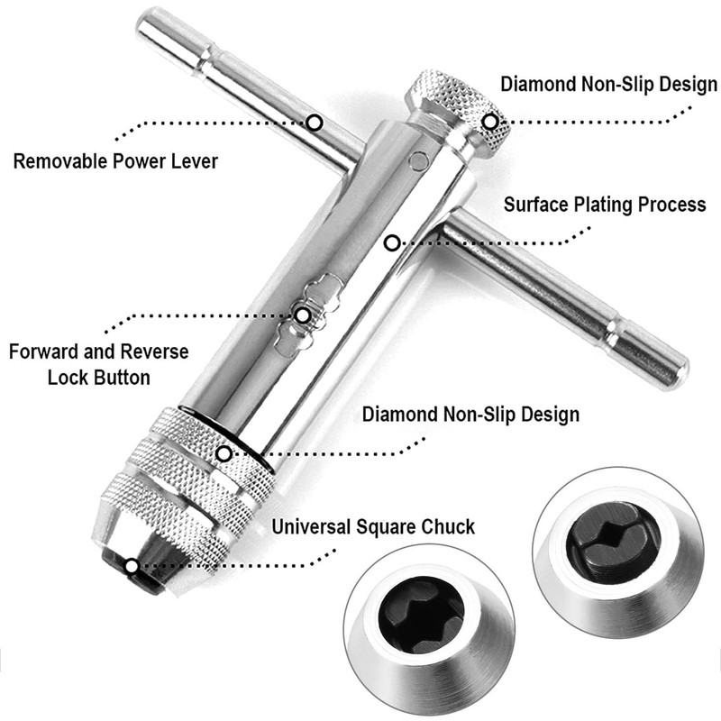 Taicols Ratcheting T-Handle Tap Holder Wrench Set, 2 Pcs Adjustable
