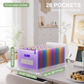 ThinkTex Accordion‌ File Organiser, 26 Pockets Expanding File Folders, Monthly Bill Receipt Documents Organiser, Colorful Tabs, Letter/A4 Size - Purple