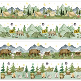 Whaline 69Ft Camping Hiking Bulletin Board Borders Christmas Watercolor Camping Tent Campfire Brown Bear Decoration Trim Border Bulletin Board Stickers for Back to School Classroom Office Party Decor