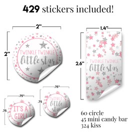 Pink & Silver Twinkle Little Star Girl Baby Shower Sticker Bundle Kit - 429 pieces!!! Includes 60 2" Circle Stickers for Favors & Goodie Bags, 45 Mini Candy Bar Wrappers & 324 Round Candy Kiss