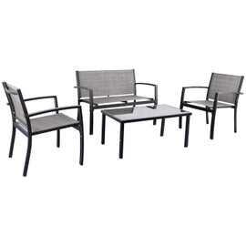 JUMMICO 4 Pieces Patio Furniture Set Modern Conversation Set Outdoor Garden Patio Bistro Set with Glass Coffee Table for Home, Porch, Lawn (Grey)