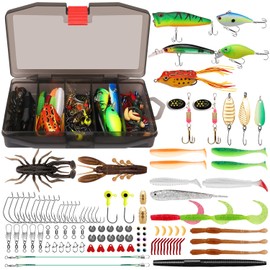 GOTOUR Fishing Lures Kit with Tackle Box, Bass Fishing Accessories Included Fishing Gear and Equipment, Crankbaits, Spinner, Spoon, Popper, Frog, Minnow, Worms, Hooks for Freshwater