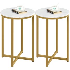 Yaheetech Round End Table Set of 2,16in Faux Marble Accent Table,Modern Side Table with Marble Top and Metal Frame,Small Coffee Table Telephone Table for Living Room/Small Space,Gold