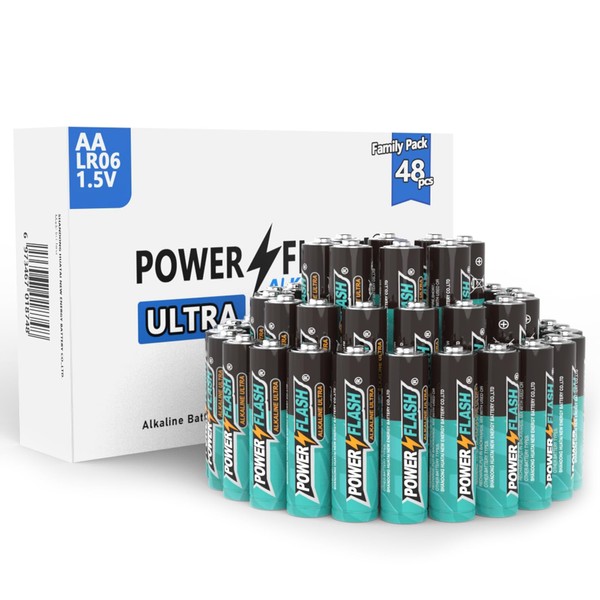 POWER FLASH 48 AA Batteries, Batteries Provide Long Lasting Power, 10 Year Battery Warranty, Alkaline AA Batteries for Home and Office Equipment (48 Count Pack)