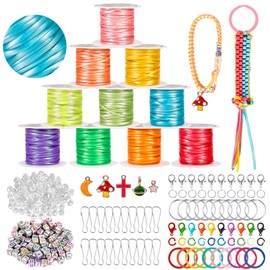 PP OPOUNT Lanyard String, 10 Rolls Pearly-Lustre Color Boondoggle String with Beads and Accessories, Gimp Bracelet Making Kit for Beginners DIY Bracelets, Key Chains and Lanyards, Camp Crafts