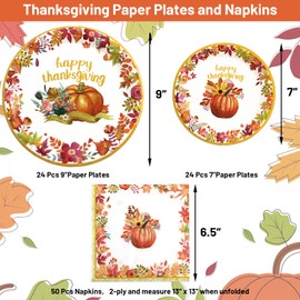 ceiba tree Thanksgiving Paper Plates and Napkins Sets Happy Fall 48 PCS Napkins 24 PCS 9" Disposable Dinner Plates 24 PCS 7" Dessert Plates Dinnerware Set Party Supplies Autumn Heavy Duty