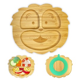 AWIIK - Bamboo Plate with Strong Suction Cup for Babies and Toddlers, BLW Plate Made of Non-Slip Bamboo with Suction Power, Tilt-Proof Children's Plate for Learning to Eat, BLW (Lion)
