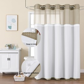 Colorful Star No Hook Shower Curtain with Snap in Fabric Liner, Waffle Weave Heavy Duty Thick Shower Curtains with Mesh Top Window, Hotel Style Waterproof Bathroom Curtain Set, 72 x 75 Inch, Beige