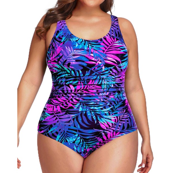 Daci Women Blue Leaves Plus Size One Piece Swimsuit Tummy