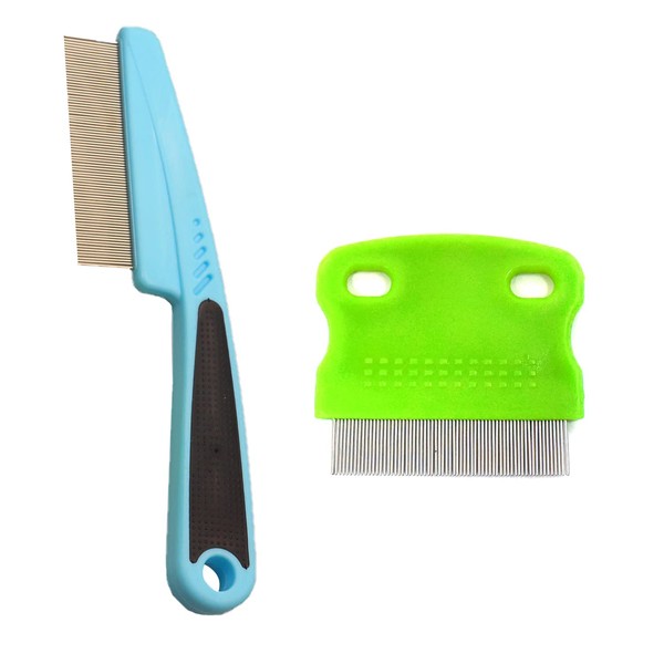 2 Pcs Flea Comb,Dog Comb Cat Comb Dog Hair Comb Pet Combs Pet Grooming Comb Flea Lice Comb Cat Grooming Supplies for Dog/Cat/Small Pets (Blue and Green)