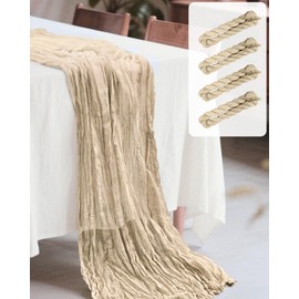 Easy Home 4 Pack 35x120 Inches Cheesecloth Table Runner 10Ft Boho Gauze Fabric Rustic Romantic Table Runner for Wedding Baby Shower Birthday Christmas Party Table Decoration (Beige)