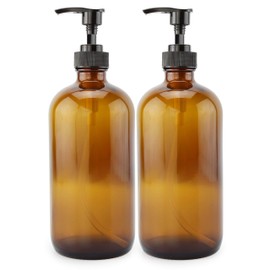 16-Ounce Amber Glass Bottles w/ Pump Dispensers (2-Pack); Refillable Lotion Liquid Soap Pump Brown Bottles + Chalk Labels & Lids, BPA-Free Plastic Tops; Also for Hand Care