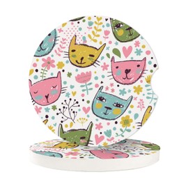 Abstract Cute cat Absorbent Car Cup Coasters,Cup Holders,Cork Base Drink Coasters with Finger Notch for Easy Move of Car Cup Holder for Women Men 2.6"(2 Pieces)