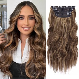 4Pcs Clip in Hair Extensions, 20 Inches Synthetic Light Brown Hair Extensions, Long Curly Hair Extensions Clip ins (Color:Chocolate Brown Mixed Honey Blonde)