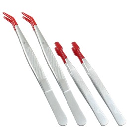 Murtenze 4PCS Tweezers with Rubber Tips Stainless Steel Tweezers PVC Coated Set, Rubber Flat Tip Tweezer Long Bent Tweezers for Crafts Stamps Beads Jewelry Tools(Set 2)