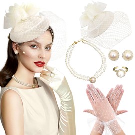 Champagne Tea Party Hat Gloves Women Fascinators Hats Gloves Pearl Necklace Earrings Choker Funeral Hats for Women