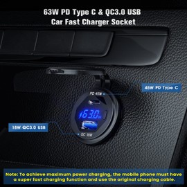 Thlevel USB C Car Charger Socket 45W PD Type C & 18W QC3.0 USB Fast Charger Socket Power Waterproof with LED Digital Voltmeter and Switch for 12V / 24V Marine Boat Motorcycle Truck