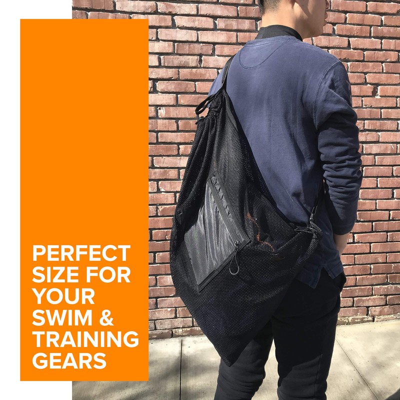 Fitdom Large Mesh Swim Drawstring Sling Bag. Best for Swimming,