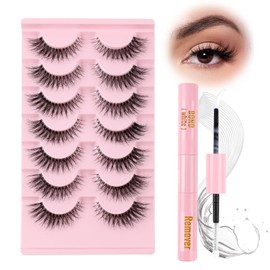 Glowing Win Cat Eye Lashes Natural Look False Eyelashes with Glue 7 Pairs Faux Mink Fluffy Lashes with 2 in 1 Bond&Remover Clear Band Wispy Fake Lashes Set Reusable Handmade Soft Strip Lashes