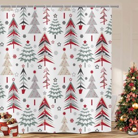 ASDCXZ Christmas Shower Curtain 180 x 200 cm, Red Green Grey Christmas Tree Snowflakes Winter Decoration Bathroom Washable Shower Curtains Polyester Textile Waterproof Shower Curtain for Bath with 12