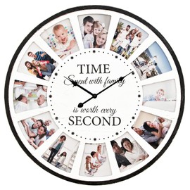 JUMBO HUMBLE 12 Photo Collage Family Wood Wall Clock, Rustic Farmhouse Wall Clock, Large Oversized Wall Clocks for Home, Kitchen, Living Room, Silent Battery Powered 24 Inch White