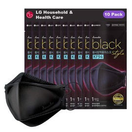 [LG Airwasher] KF94 Disposable Face Mask, 10 Pack - Made in Korea, Black Breathable Reusable Face Mask, Individually Wrapped 4-Ply Adjustable Cloth Masks