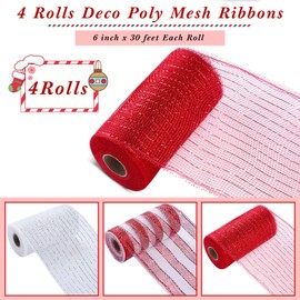 4 Rolls Mesh Ribbon, Metallic Foil Mesh Ribbon Metallic Mesh Ribbon for Door Wreath DIY Crafts Making Supplies (Red White,6 Inch)