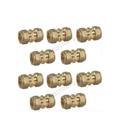 Pack of 10, 15mm Brass Compression Couplers, WRAS Approved Couplings