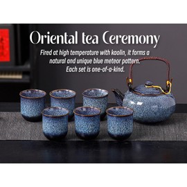 REOWONU Traditional Japanese tea set, Kiln altered glaze Porcelain tea set with 1 teapot (23.5oz/700ml), 6 teacups (4oz/120ml), 1 Tea Tray,Japanese teapot set, Asian tea sets (Kiln altered Blue)