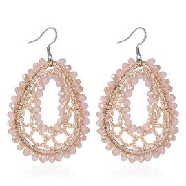 Handwoven Braided Thread Beads Teardrop Dangle Earrings for Women Ethnic Bohemian Crystal Chandelier Drop Earrings Boho Statement Jewelry-light pink