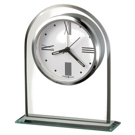 Howard Miller Regent Table Clock 645-579 – Beveled Glass Arch Timepiece, Glass Base Mount, Black Accents, White Dial, Modern Home Decor, Quartz Alarm Movement