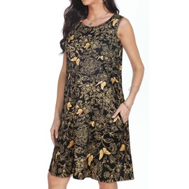 elescat Black Dresses for Women Casual Summer Sleeveless Tank Scoop Neck Loose Cotton Sundress with Pockets(Black Golden Butterflies, L)