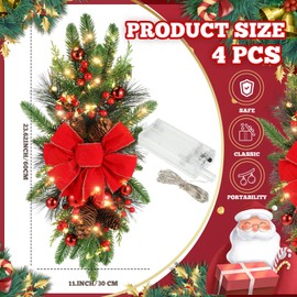 Lyrow 4 Pack Christmas Artificial Swags 24" Xmas The Cordless Prelit Stairway Swag Teardrop Trim Wreath Door Stair Swag Garland Christmas Swags for Outdoor Home Garden Decor(Red,Classic Style)